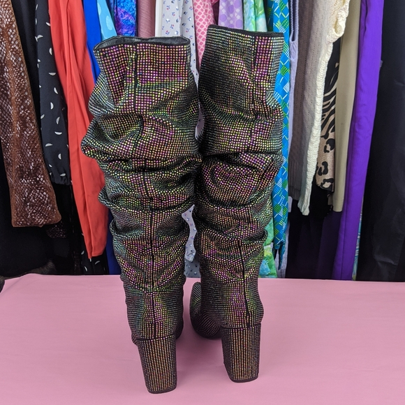 Rainbow rhinestone slouchy high heel boots - Picture 2 of 7